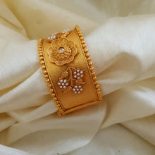 LuxeMatte Gold Polish Rajwari Kara with Flower Embossed Screw Open Broad