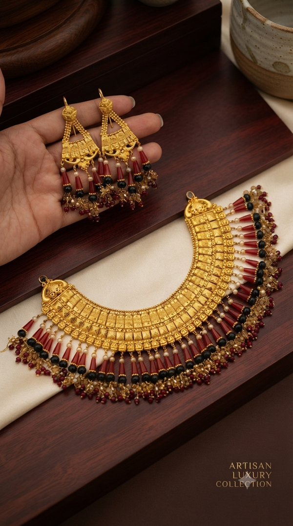 Gold Polished Necklace Set with Earrings – Blood Red & Bottle Green Beaded Design