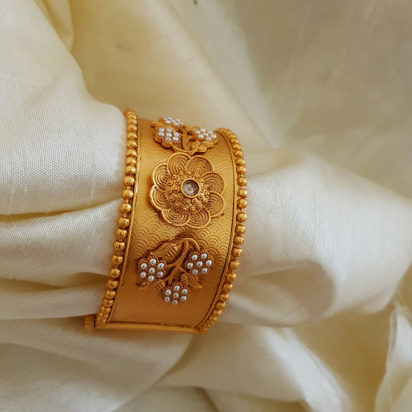 LuxeMatte Gold Polish Rajwari Kara with Flower Embossed Screw Open Broad