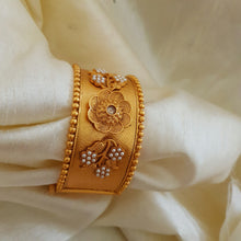 LuxeMatte Gold Polish Rajwari Kara with Flower Embossed Screw Open Broad