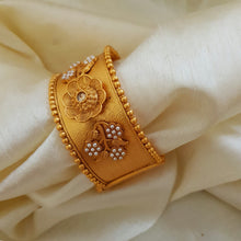 LuxeMatte Gold Polish Rajwari Kara with Flower Embossed Screw Open Broad