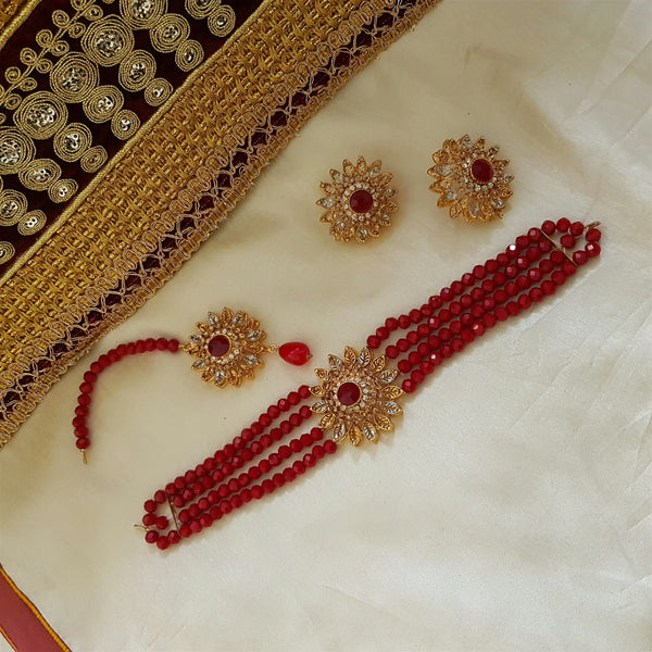 Blood Red Four Line Beaded Choker Set