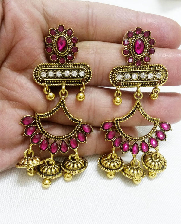 Pink Color Stone Asianest Stylish Antique Triple Jhumka