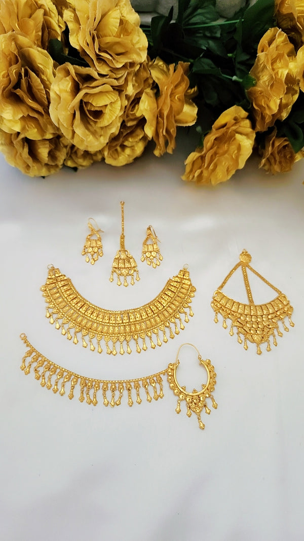 Gold Plated Bridal Jewelry Set – Necklace, Tikka, Jhumar, Nath & Earrings