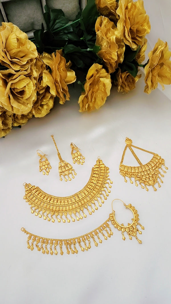 Gold Plated Bridal Jewelry Set – Necklace, Tikka, Jhumar, Nath & Earrings