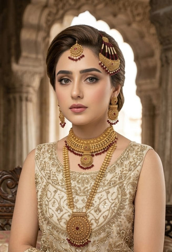 Regal Legacy Gold-Coated Bridal Necklace Set – Eternal Bridal Grandeur
