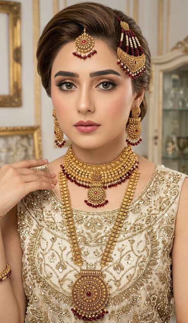 Regal Legacy Gold-Coated Bridal Necklace Set – Eternal Bridal Grandeur