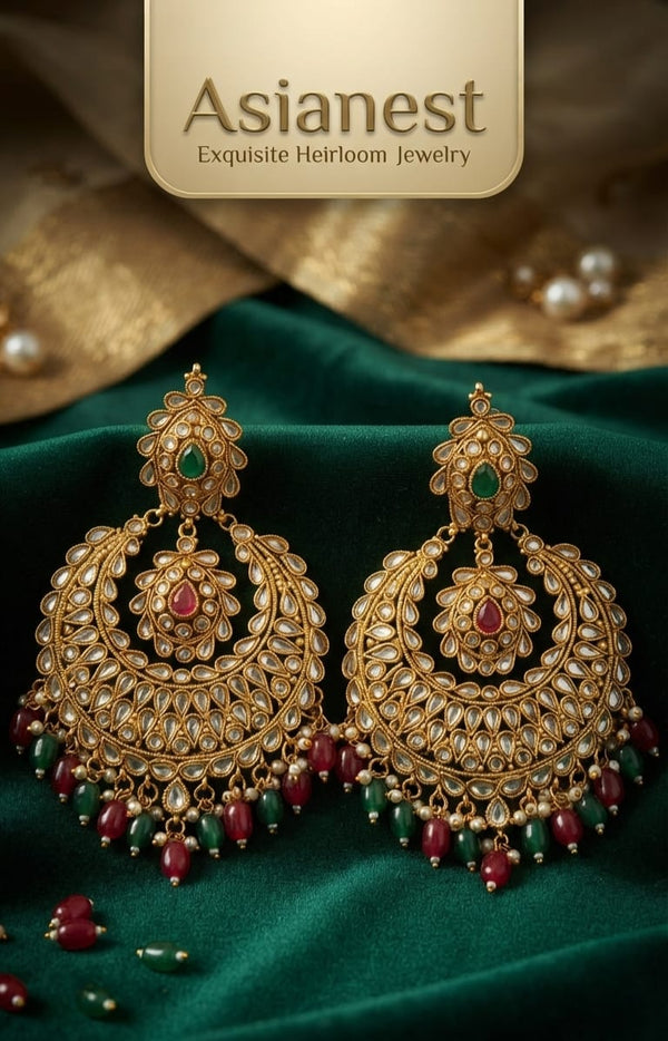 Classic  Polki Chandbali Earrings – Pearl Drop Statement Jhumka