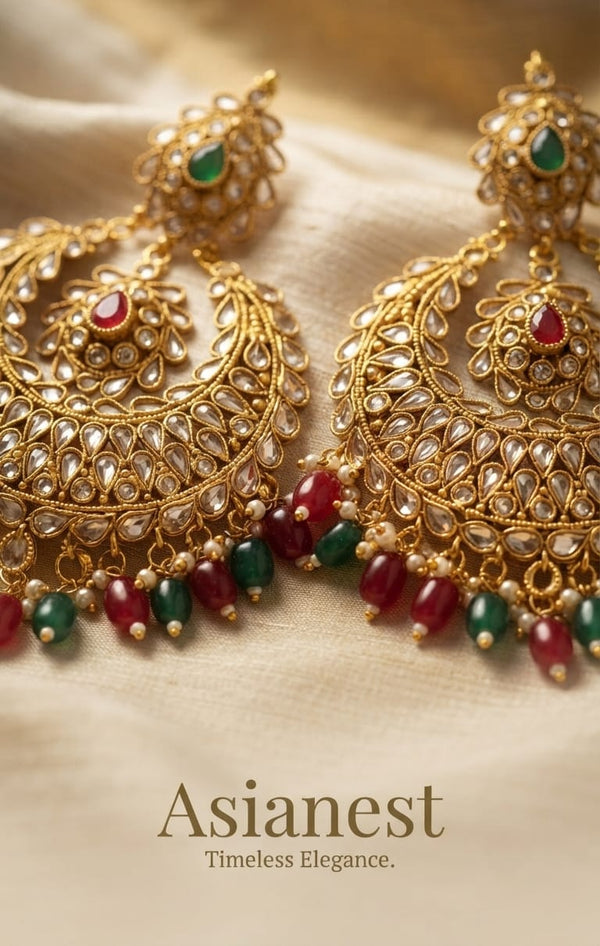 Classic  Polki Chandbali Earrings – Pearl Drop Statement Jhumka