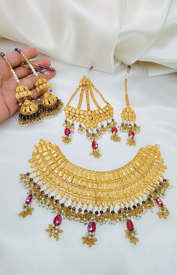 Imperial Gleam Gold-Coated Bridal Necklace Set – Regal Bridal Grandeur