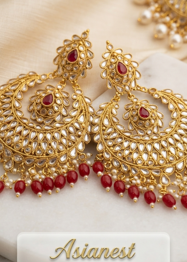 Ruby Chandbali Earrings | Gold Polki Statement Jhumka | Pakistani Bridal Jewelry