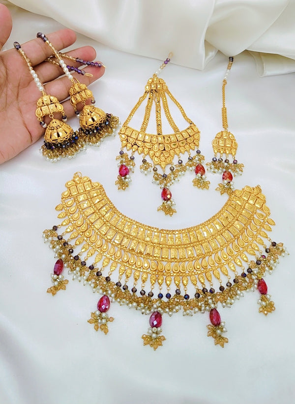 Imperial Gleam Gold-Coated Bridal Necklace Set – Regal Bridal Grandeur