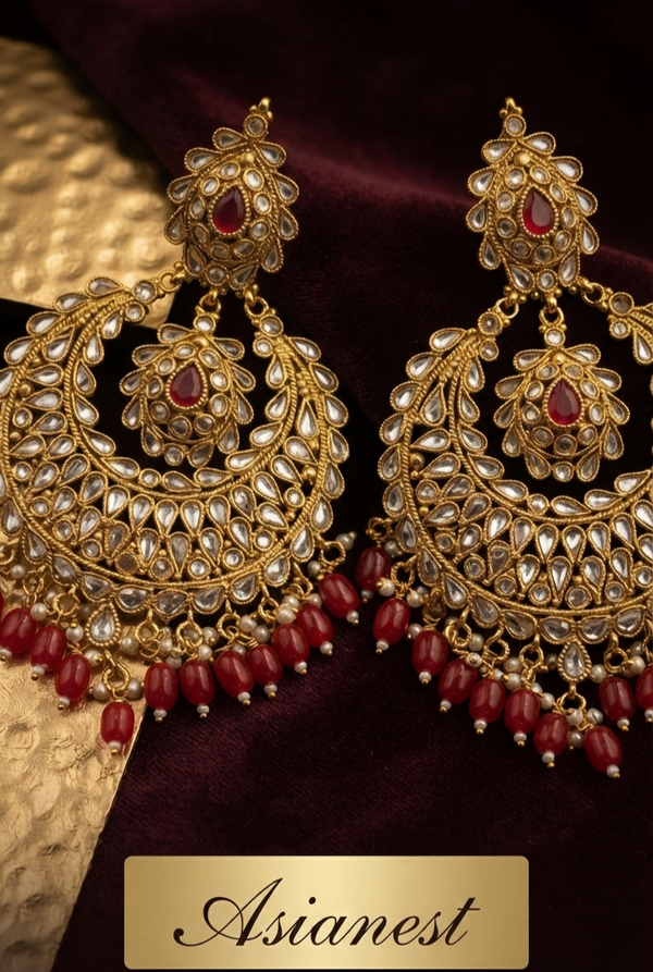 Ruby Chandbali Earrings | Gold Polki Statement Jhumka | Pakistani Bridal Jewelry